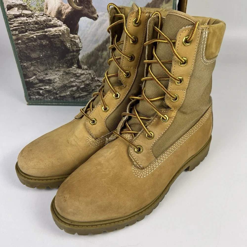 Vtg Rocky Boots Mens 9 Tan Hot Weather Nubuck Canvas Combat Hunting Hiking RB717
